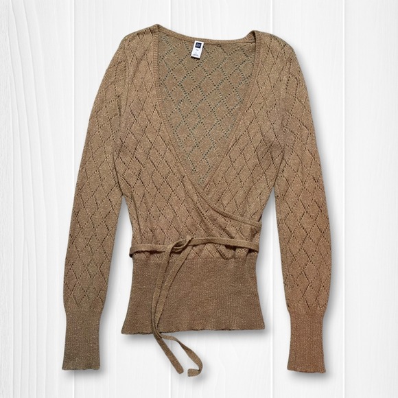 GAP Sweaters - VTG Y2K Gap Pointelle Diamond Knit Ballet Wrap Style Sweater Womens L Brown